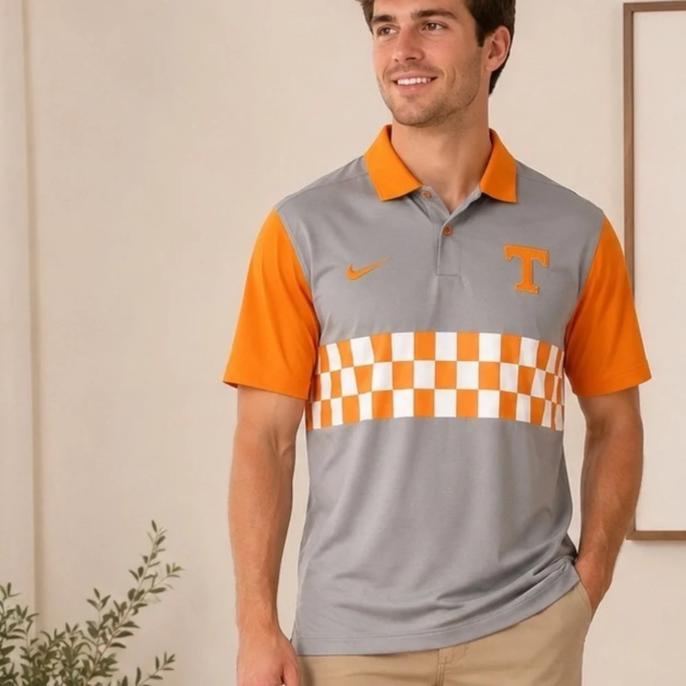 Nike Tennessee Volunteers Dri-FIT Polo Shirt Mens Large Grey Orange Checkerboard